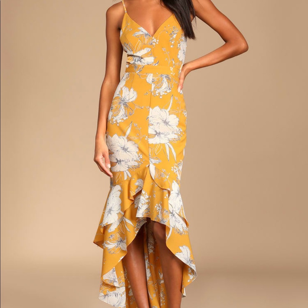 Darling Daylily Mustard Yellow Floral Print High-Low Maxi Dress